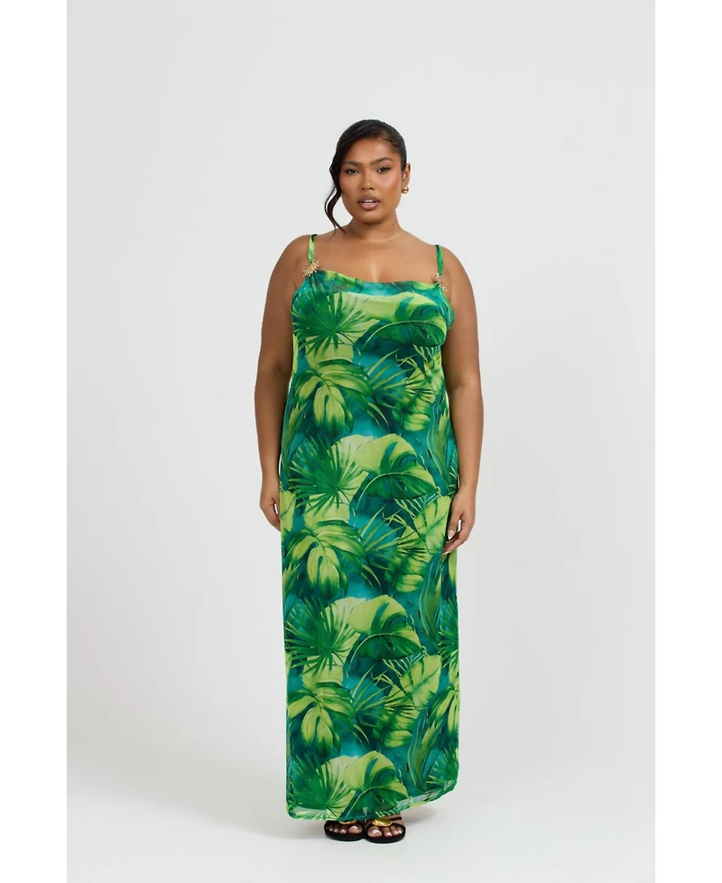 Fashion-szn Curve Women's Palm Print Gold Trim Maxi Dress