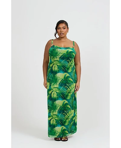 Fashion-szn Curve Women's Palm Print Gold Trim Maxi Dress