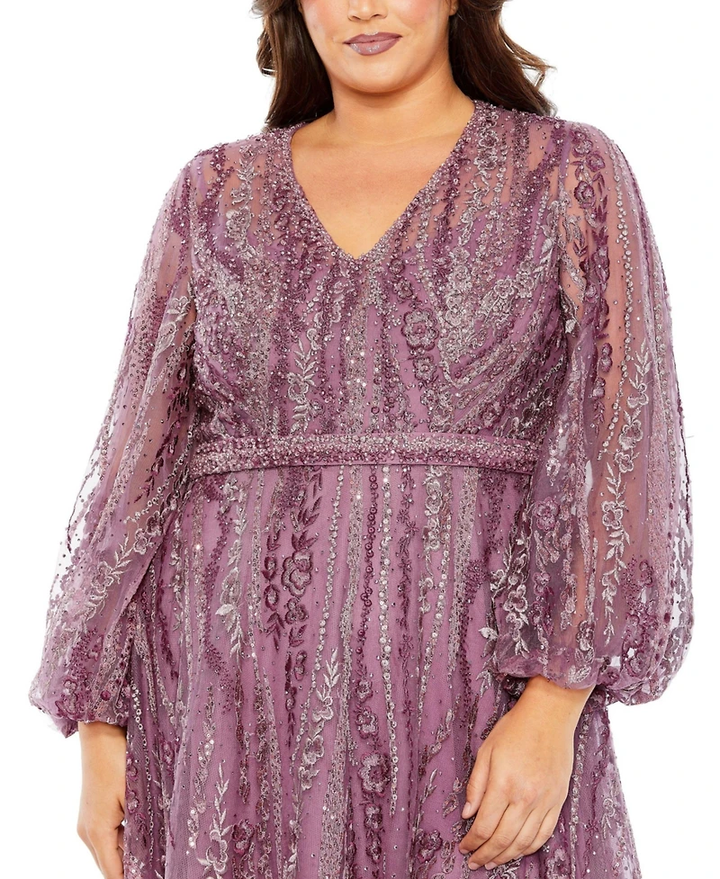 Mac Duggal Women's V-Neck Puff Sleeve Embroidered A Line Gown