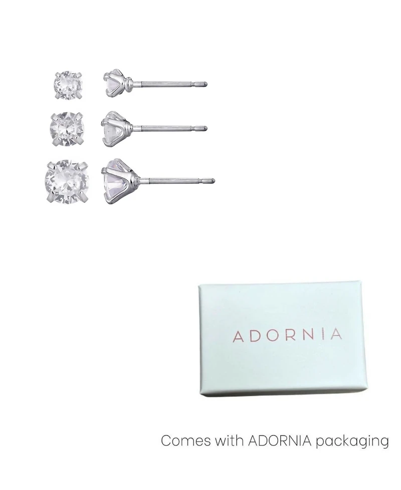 Adornia Silver Cubic Zirconia Three-Solitaire Stud Earring Set