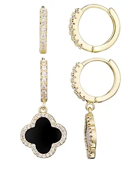 Adornia Gold Cubic Zirconia Halo Black Clover Huggie Set
