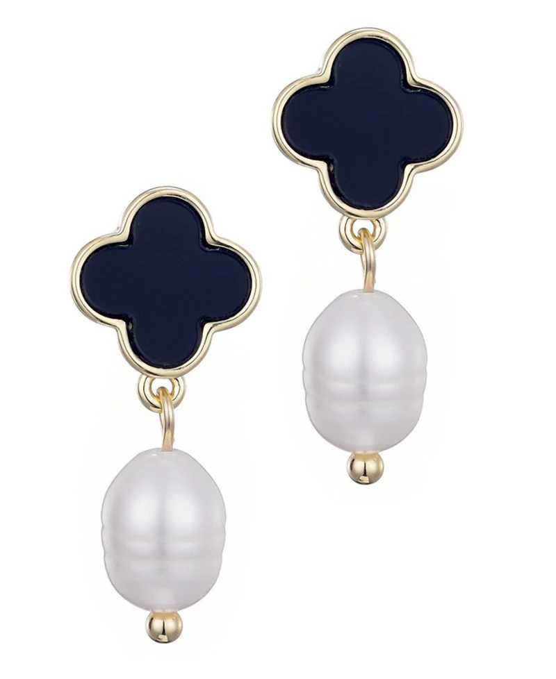 Adornia Gold Freshwater Pearl Black Clover Drop Earrings
