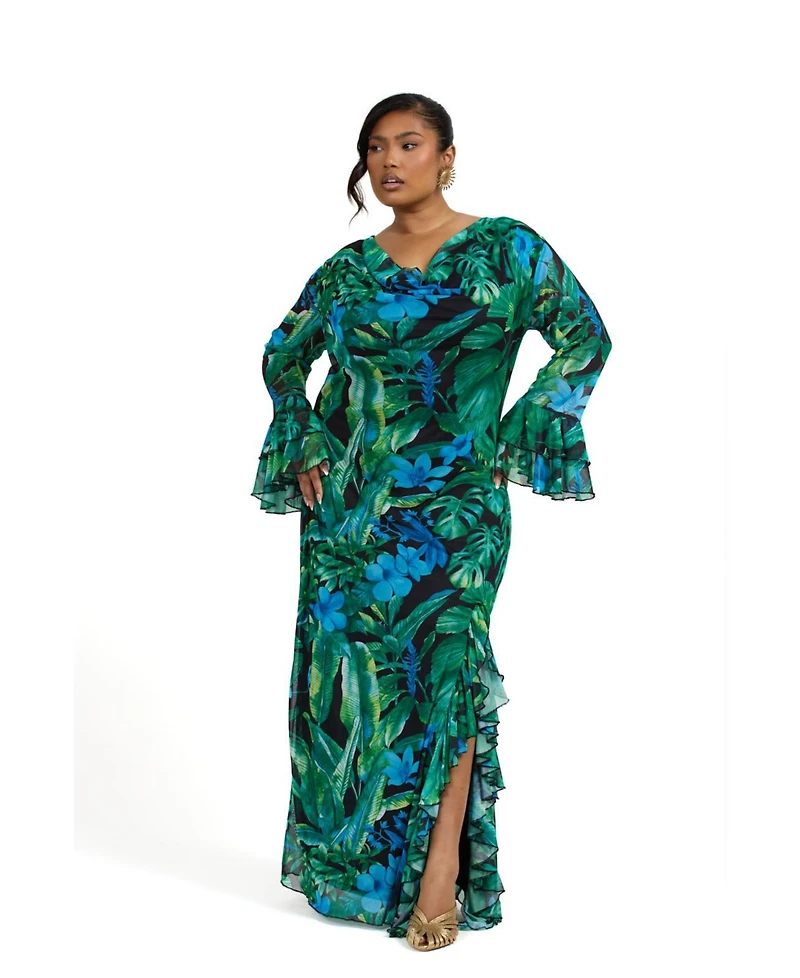 Fashion-szn Curve Ruffle Cowl Neck Palm Print Maxi Dress
