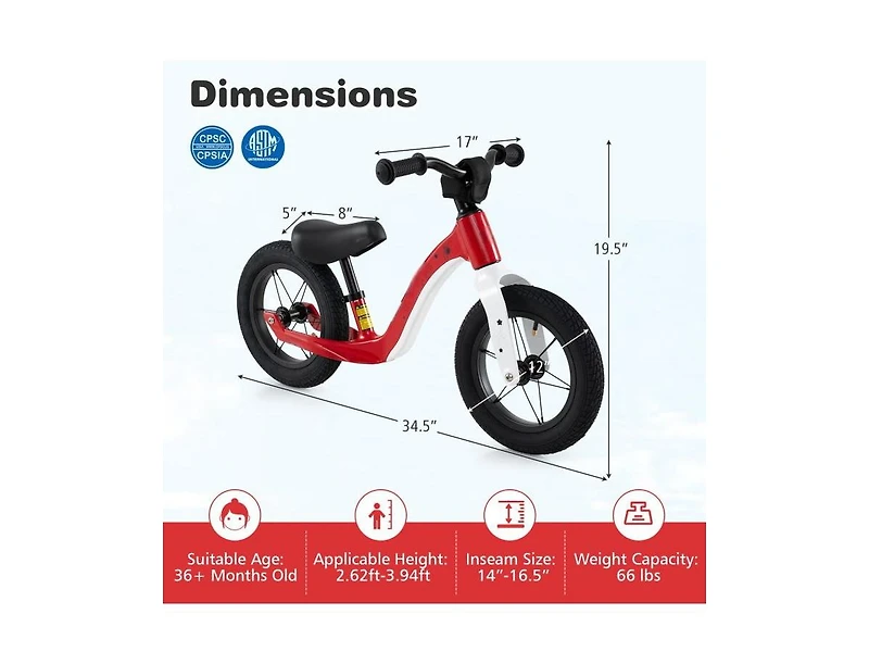 12-Inch Balance Bike with Adjustable Seat & Rotatable Handlebar – Red