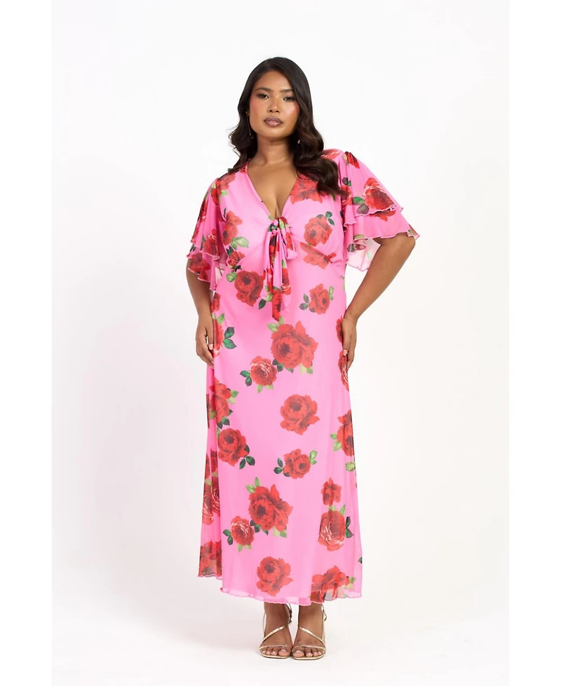 Fashion-szn Curve Women's Flutter Sleeve Tie Front Midi Dress