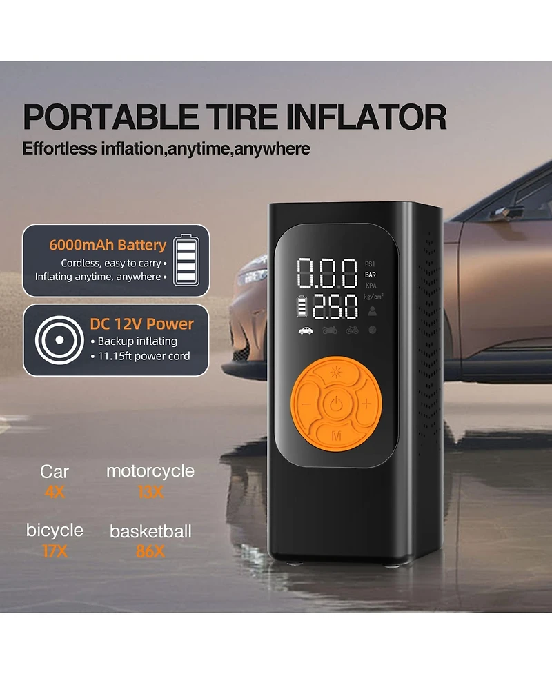 Tire Inflator Portable Air Compressor, Air Pump, Cordless Pump with Digital Pressure Gauge, Led Light and Auto Shut-Off Function