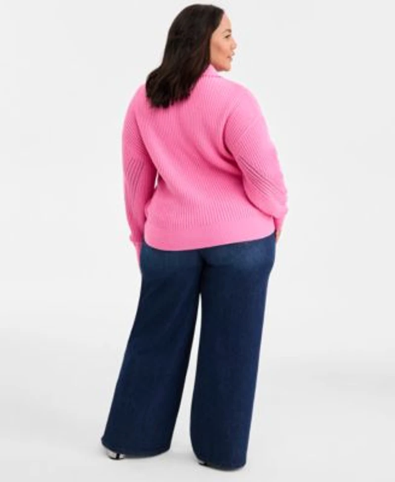 On 34th Trendy Plus Size Pointelle Zip Front Cardigan Embellished Wide Leg Jeans Macys Exclusive