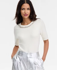 I.n.c. International Concepts Women's Short-Sleeve Embellished-Neck Sweater, Macy's Exclusive