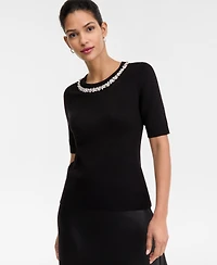 I.n.c. International Concepts Women's Short-Sleeve Embellished-Neck Sweater, Macy's Exclusive