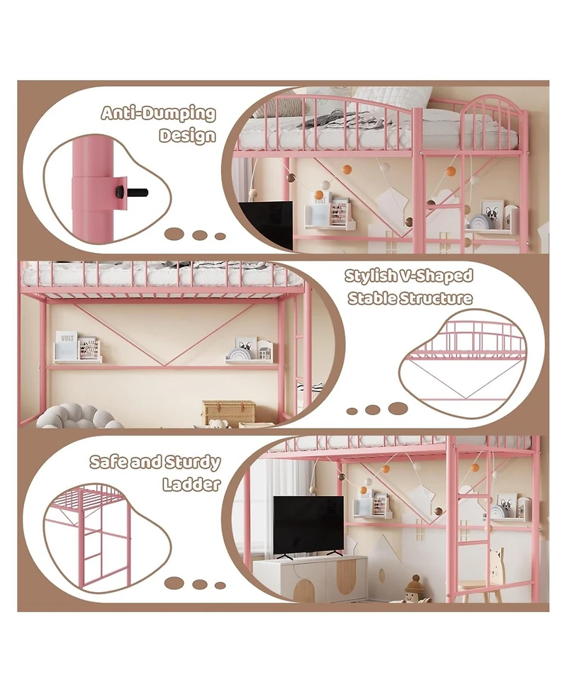 gaomon Loft Bed Twin Size, Heavy Duty Metal Loft Bed Frame with Arched Guardrail and Safety Ladder, Space-Saving, No Box Spring Needed, Pink