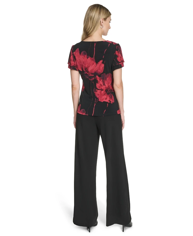 Calvin Klein Women's Short Sleeve V-Neck Printed Top