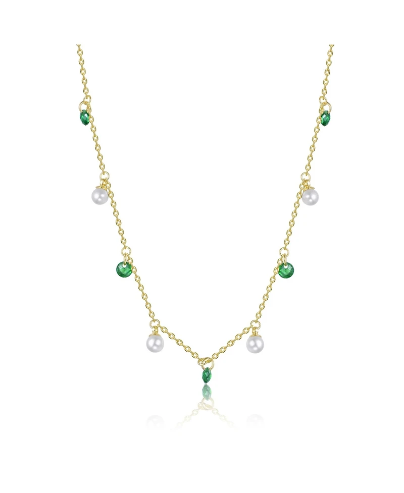 Rachel Glauber 14K Gold Plated with Mother of Pearl and Green Cubic Zirconia Station Necklace