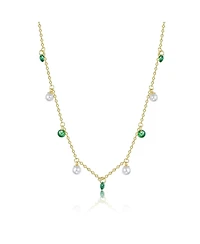 Rachel Glauber 14K Gold Plated with Mother of Pearl and Green Cubic Zirconia Station Necklace