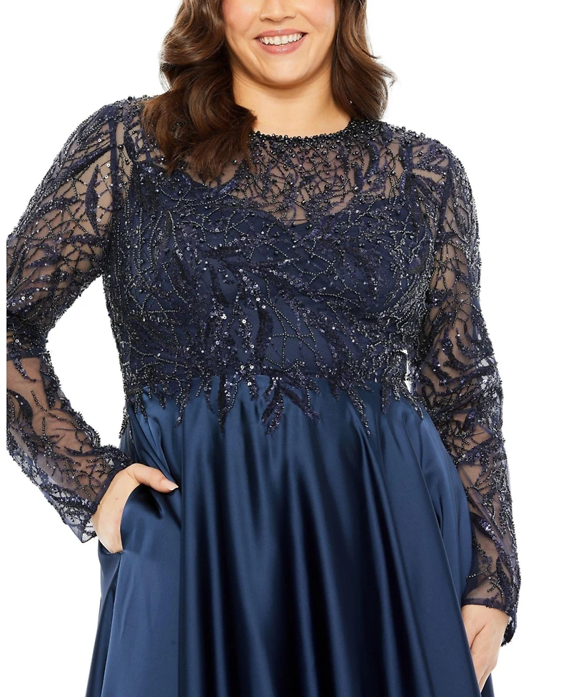 Mac Duggal Women's Sheer Long Sleeve Beaded Top Satin Gown