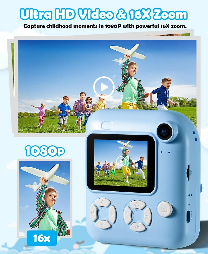 2-in-1 Instant and Digital Kids Camera with Hd Video, 16X Zoom, Printing, Games, and Accessories