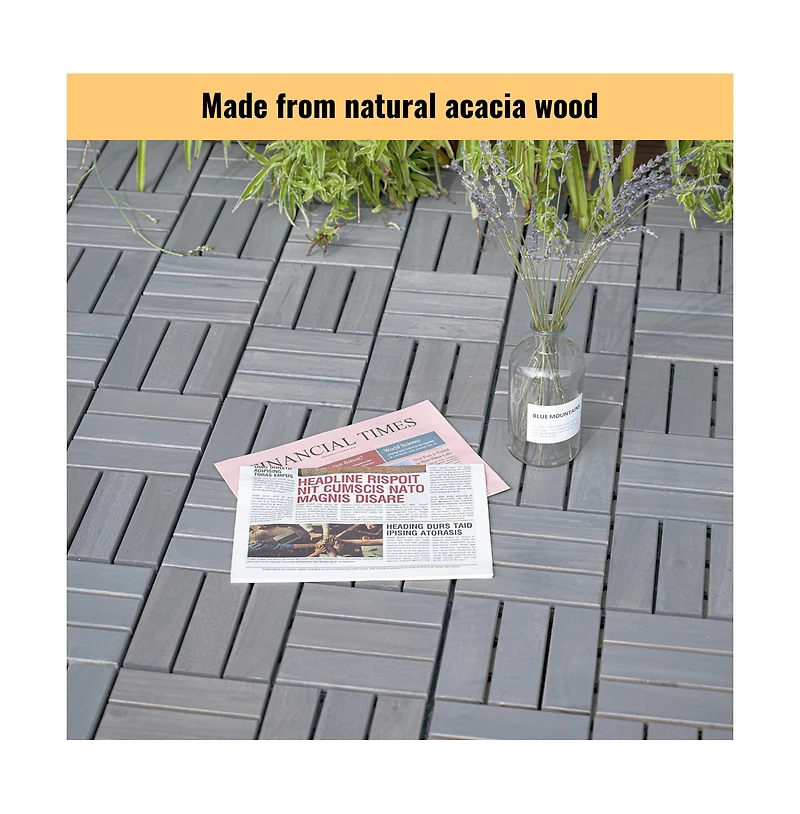 Chic Crate 30-Pack 12'' Acacia Hardwood Checker Pattern Interlocking Deck Tiles Light Gray