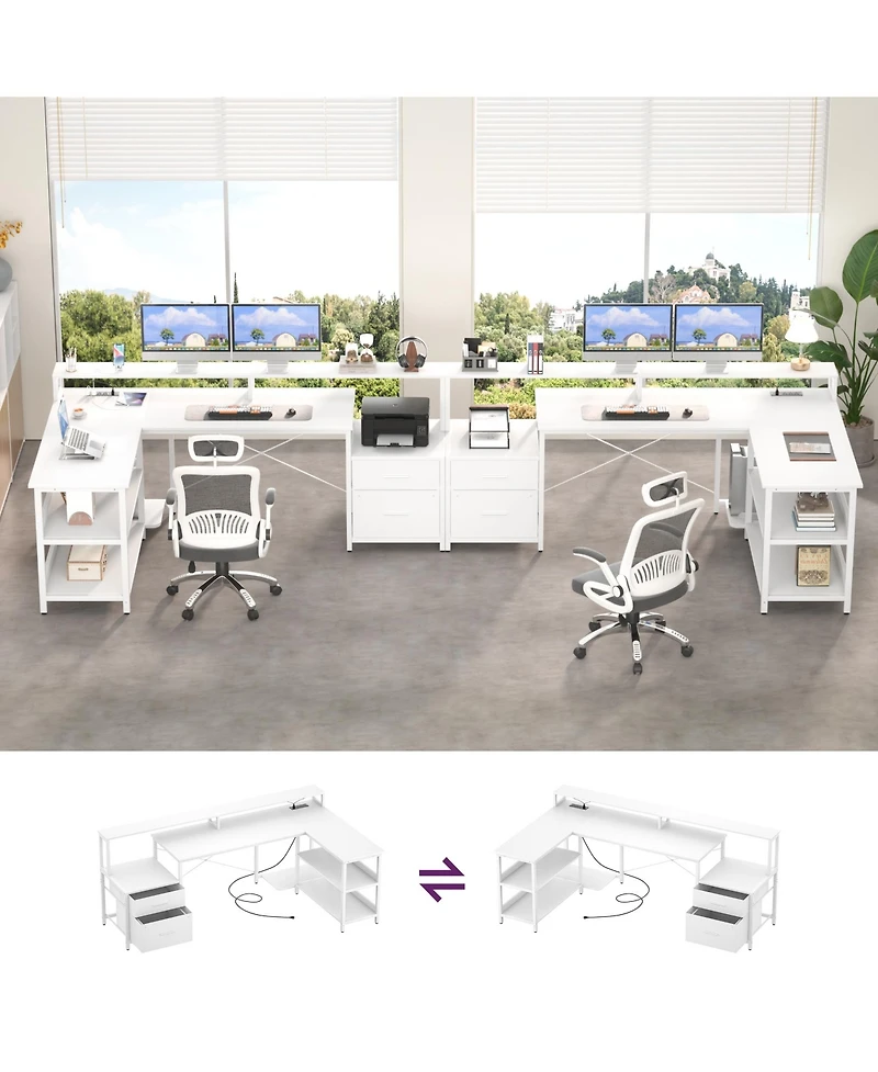 Aheaplus L-Shaped Computer Desk with Drawers and Monitor Shelf, Gaming Desks Led Strip