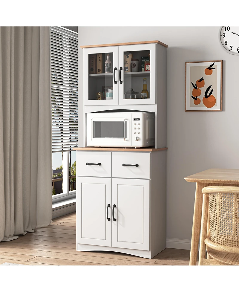 Casainc Wooden Kitchen Pantry Cabinet with Glass Doors and Storage Drawer