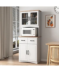 Casainc Wooden Kitchen Pantry Cabinet with Glass Doors and Storage Drawer