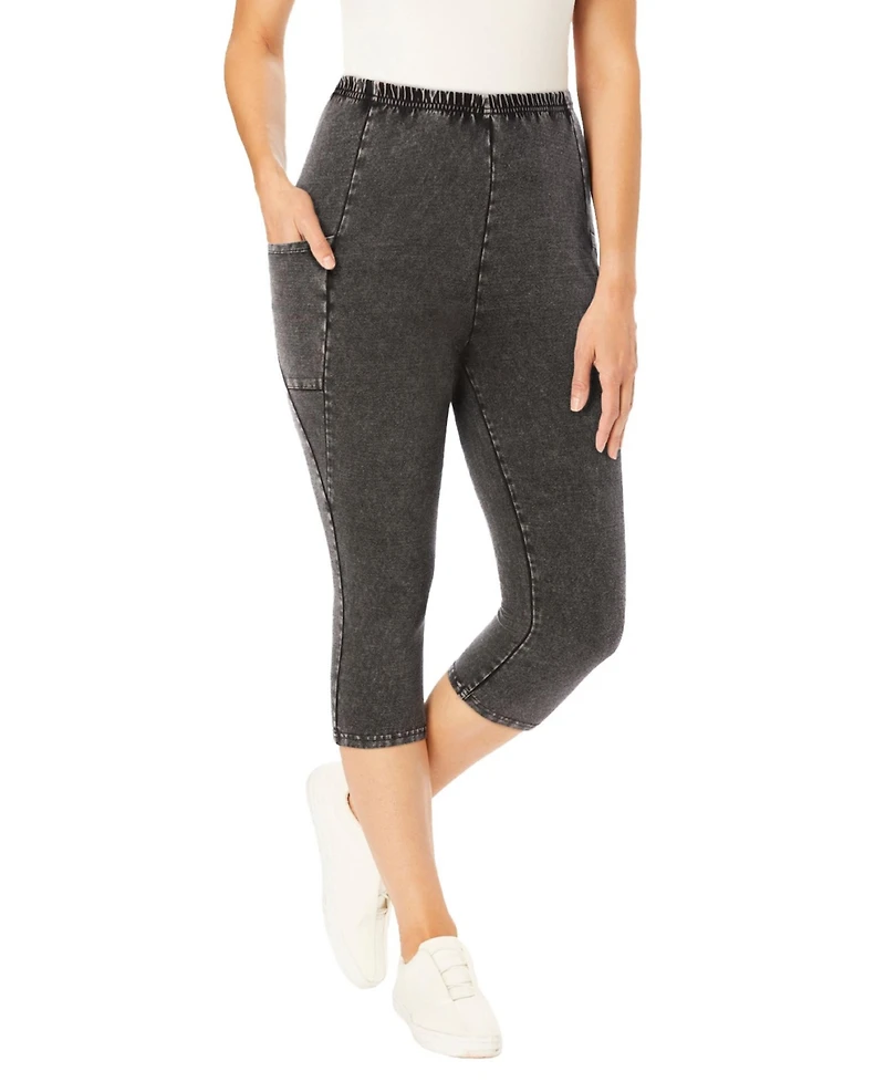 Woman Within Plus Stretch-Cotton Knit Pull-On Pocket Capri Leggings
