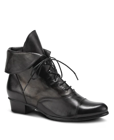 Spring Step Galil Polished Leather Lace-Up Bootie with Fold-Over Cuff and Stacked Heel