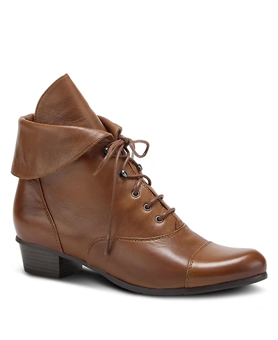 Spring Step Galil Polished Leather Lace-Up Bootie with Fold-Over Cuff and Stacked Heel