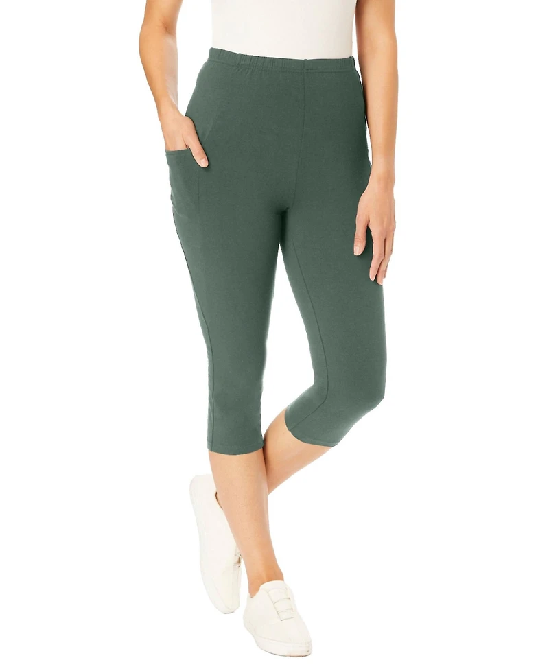 Woman Within Plus Stretch-Cotton Knit Pull-On Pocket Capri Leggings
