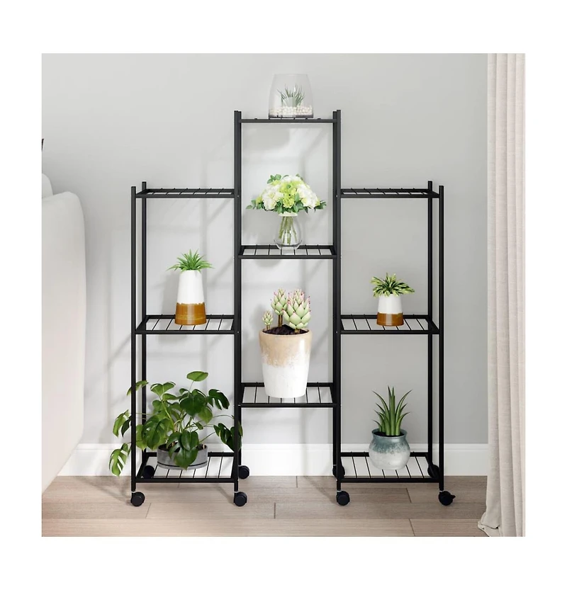Flower Stand Black Iron Multiple Pot Holder Rollable