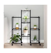 Flower Stand Black Iron Multiple Pot Holder Rollable
