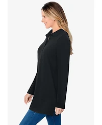 Woman Within Plus Long-Sleeve Polo Shirt