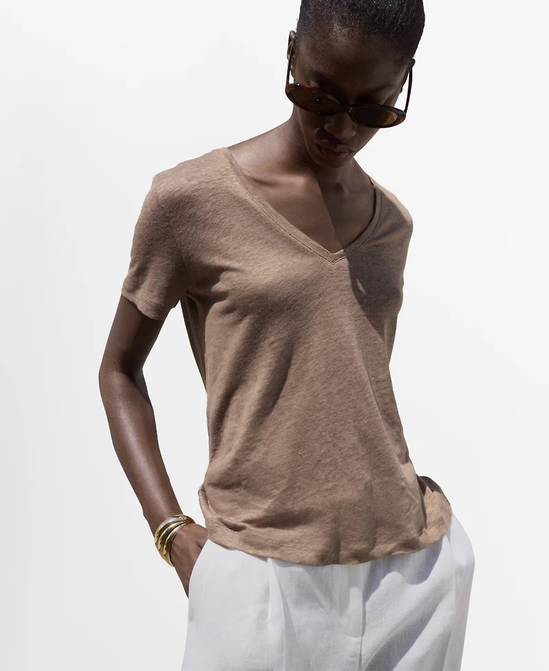 Mango Women's V-Neck Linen T-Shirt