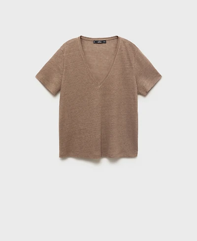 Mango Women's V-Neck Linen T-Shirt