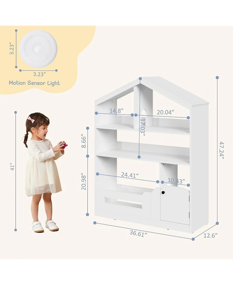 Kids Bookshelf and Toy Storage, Wooden Kids Bookcase with Motion Sensor Light, Dollhouse Bookcase for Playroom Bedroom Nursery Classroom