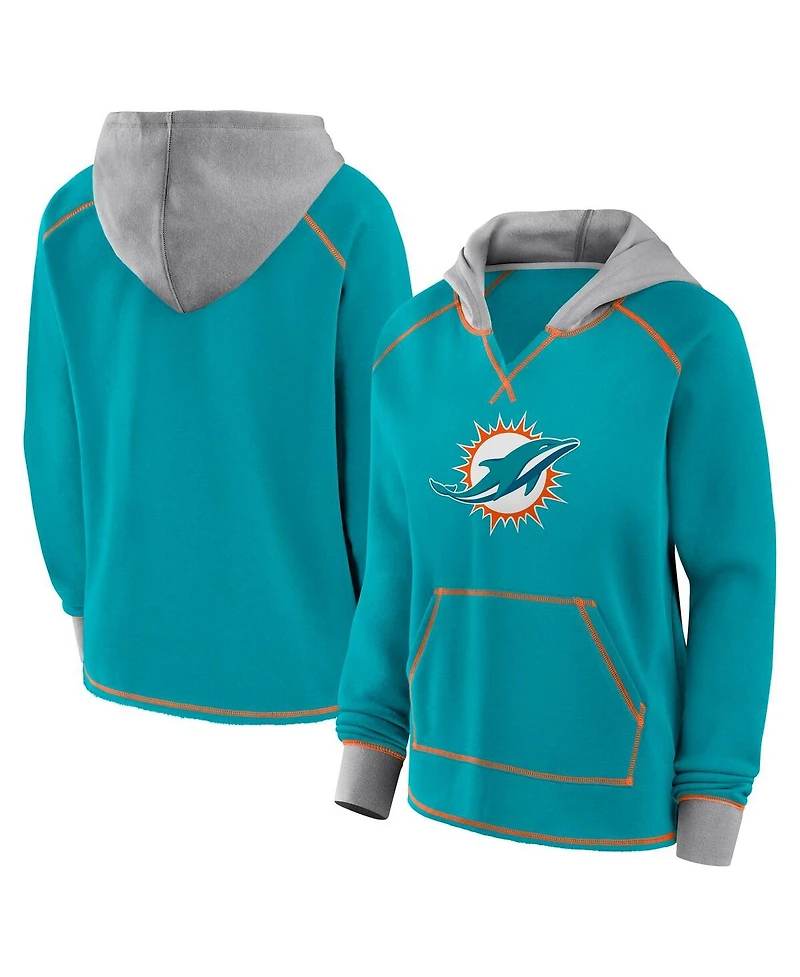 Logo Athletic Women's Aqua Miami Dolphins Boom Fleece Pullover V-Neck Hoodie
