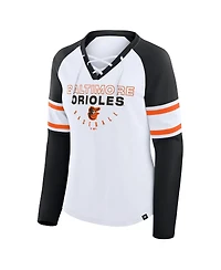 Fanatics Women's White/Black Baltimore Orioles Blitz Package Raglan Lace-Up V-Neck Long Sleeve T-Shirt