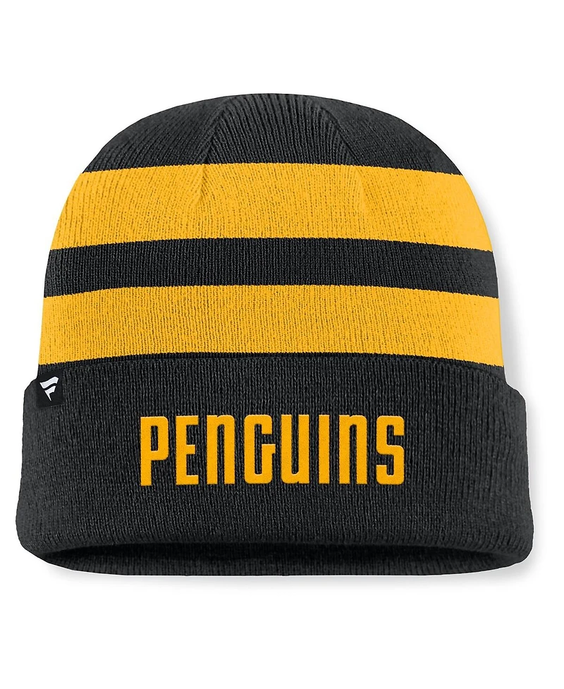 Fanatics Men's Black/Gold Pittsburgh Penguins Fundamental Swipe Stripe Cuffed Knit Hat