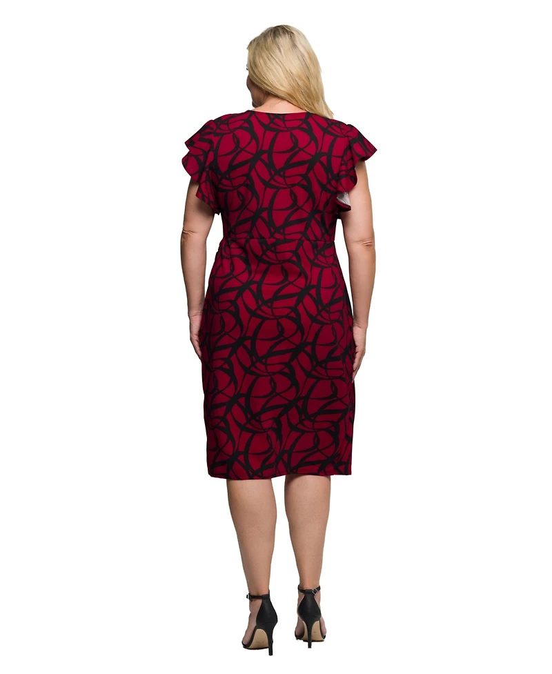 24seven Comfort Apparel Plus Size Burgundy Print Flutter Sleeve Faux Wrap Dress