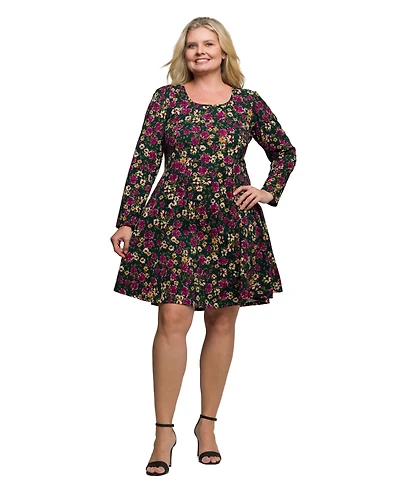 24seven Comfort Apparel Plus Floral Print Long Sleeve Fit and Flare Mini Dress