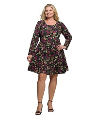 24seven Comfort Apparel Plus Floral Print Long Sleeve Fit and Flare Mini Dress