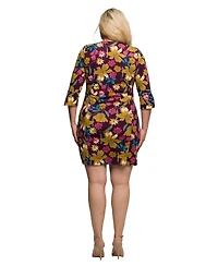 24seven Comfort Apparel Plus Plum Floral Print Keyhole Neckline Sheath Dress