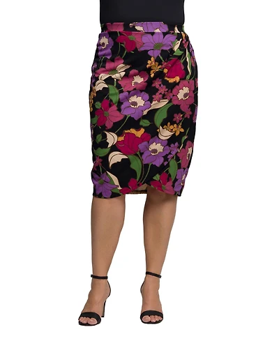 24seven Comfort Apparel Plus Black Multi Floral Print Midi Pencil Skirt
