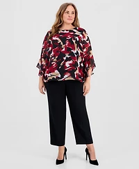 Kasper Plus Printed Chiffon Ruffled-Sleeve Top