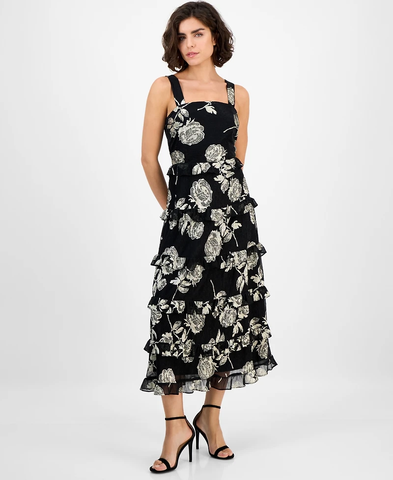 Anne Klein Women's Square-Neck Tiered Foil Midi Dress