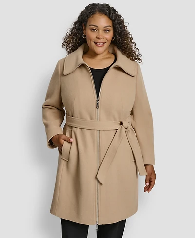 Dkny Plus Belted Zip-Up Wool Coat