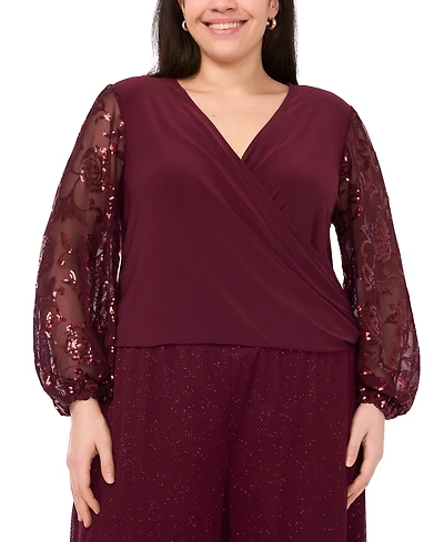 Msk Plus Mixed Media Surplice Sequin Top