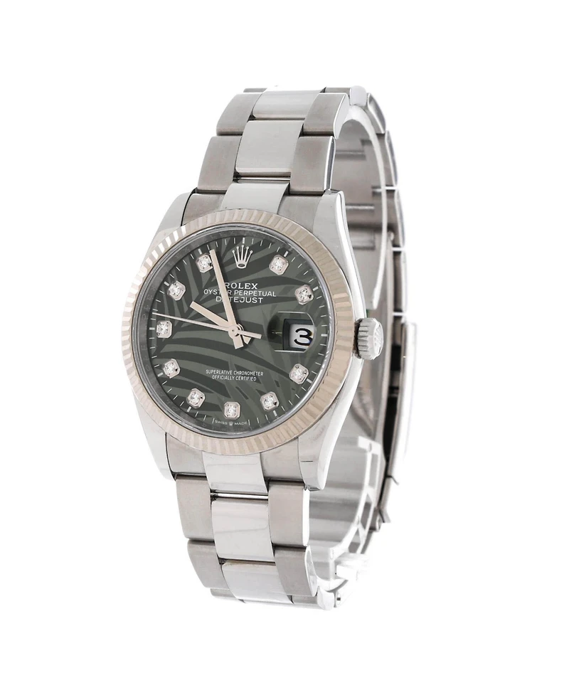 Pre-Owned Rolex Oyster Perpetual Datejust Palm Motif Automatic Watch in Stainless Steel and White Gold with Diamond Markers 36mm