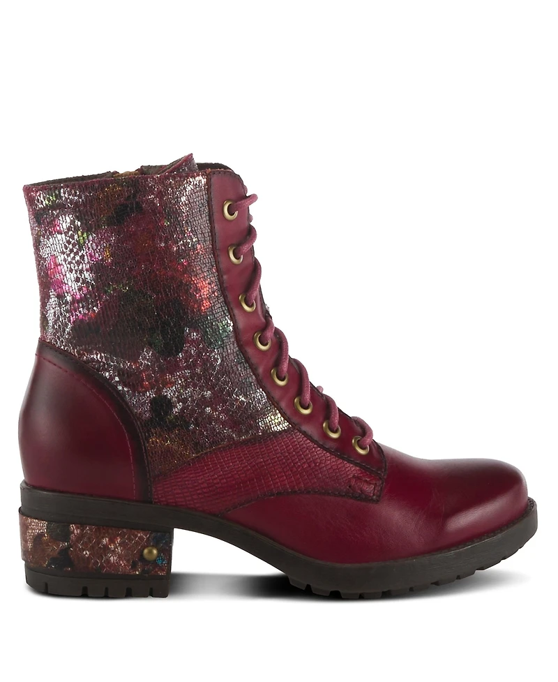 L Artiste Women s Marty-met Lace-Up Floral Metallic Boots with Faux Snakeskin Texture and Embossed Heel