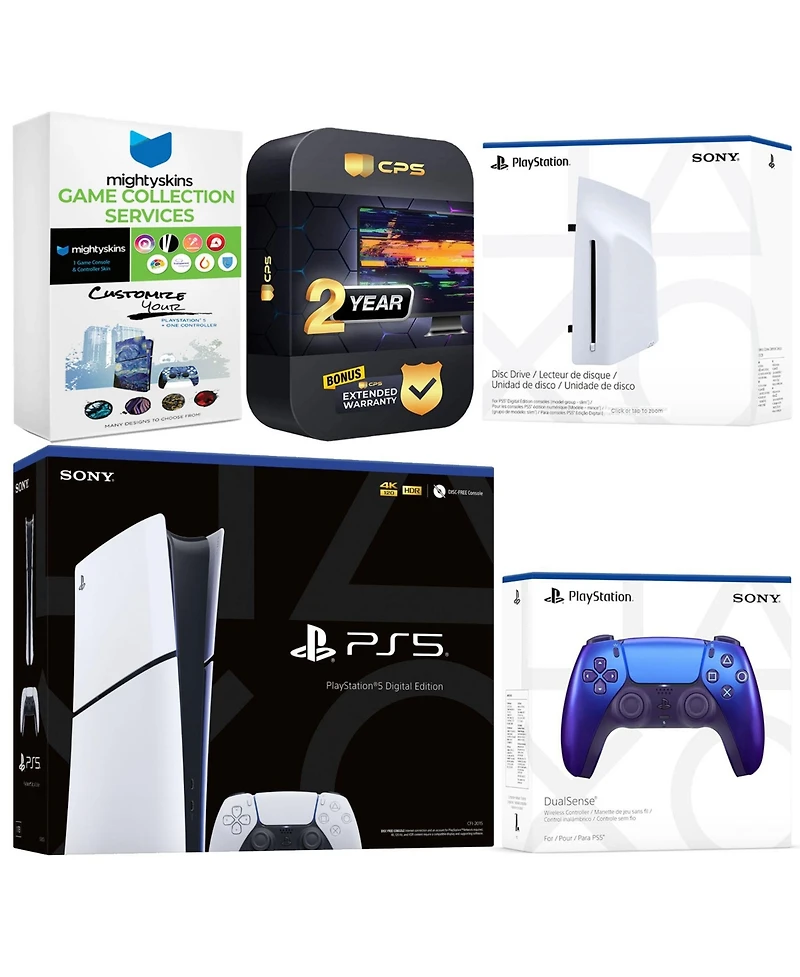 Sony PlayStation 5 Slim Digital Bundle with Disc Drive, Extra Controller, MightySkins Game Collection and 2 Year Extended Warranty