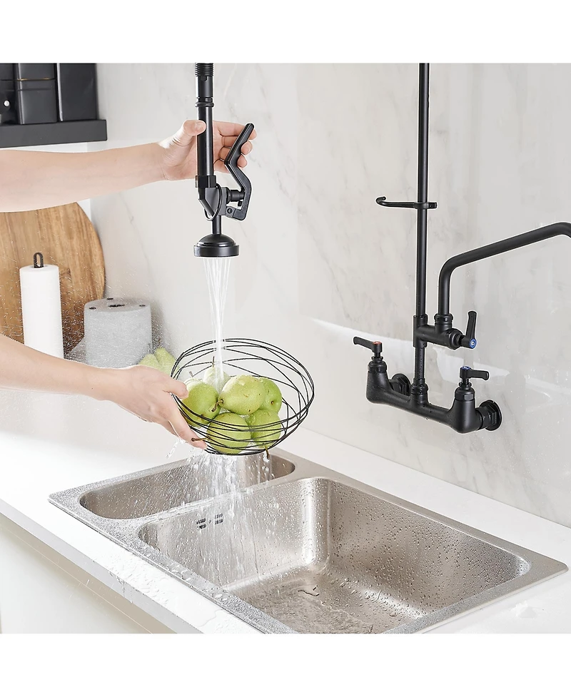 Greenspring Commercial Restaurant Pull Down 2-Handle Wall Mount Pre-Rinse Spray Utility Kitchen Faucet Matte Black
