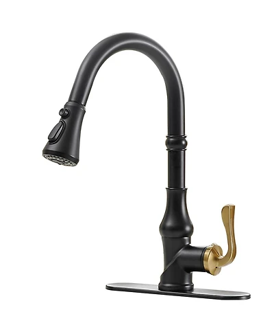 Greenspring Single-Handle Pull-Down Sprayer 3 Spray High Arc Kitchen Faucet With Deck Plate Matte Black & Gold